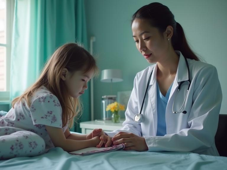 A healthcare professional interacting with a young child in a hospital setting. Emotional and caring exchange. Hospital room with calming colors and natural light. Pediatrician examining pediatric patient.