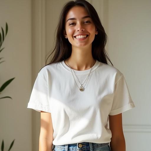 Portrait of young woman with gentle smile wearing white T-shirt and denim shorts. She has layered necklace. The scene has soft natural light. The aesthetic is warm and inviting. Casual pose.