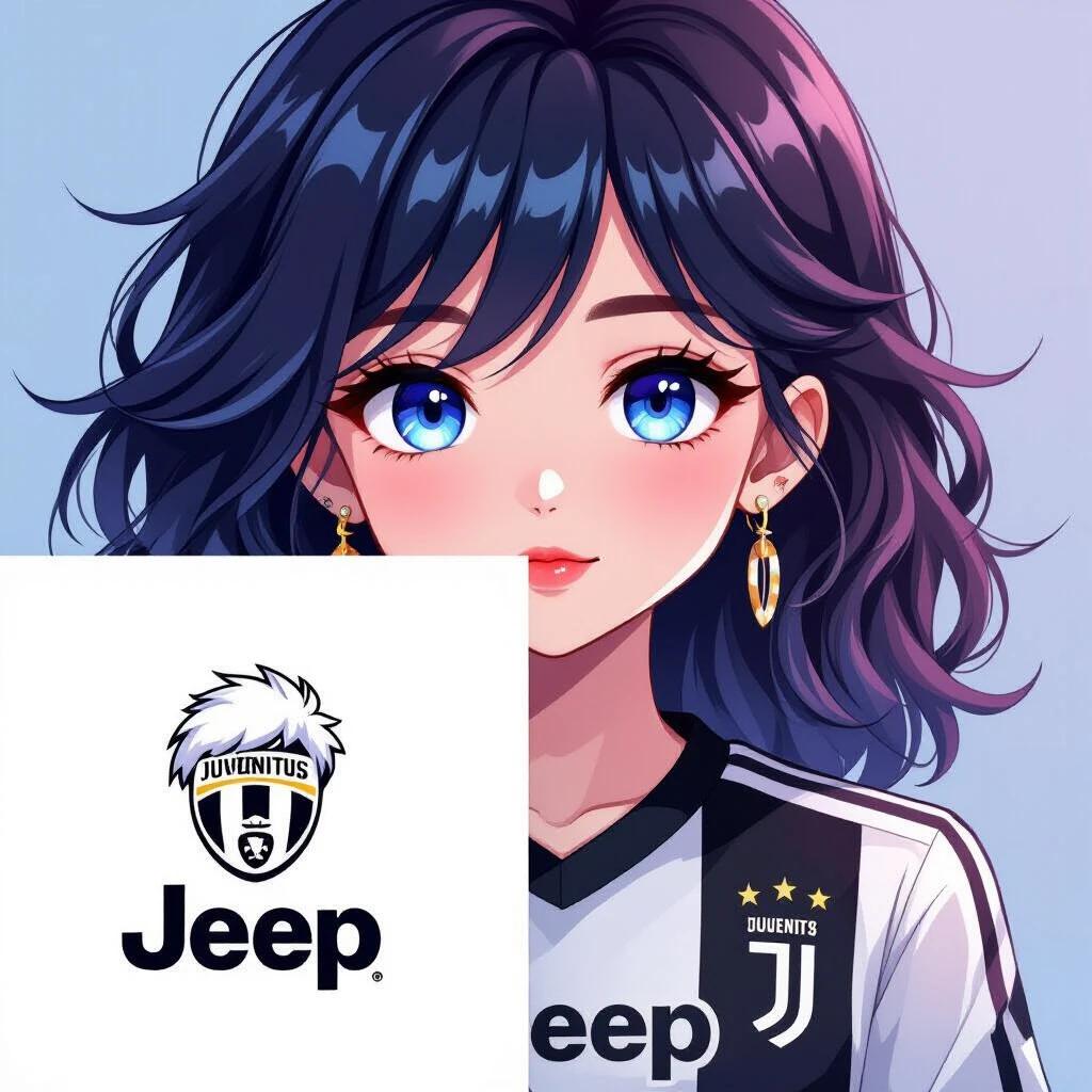 Anime-style illustration of a girl with blue eyes and dark hair. She wears a black and white Juventus jersey. The jersey includes the Jeep logo. The character has a gentle expression. Soft lighting enhances her features. Vibrant colors and engaging gaze are emphasized. Create a minimalist sports logo inspired by this imagery with a transparent background.