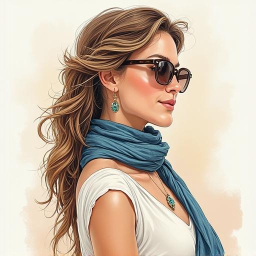 Woman with long hair wearing sunglasses and a light blue summer scarf. The scarf is draped stylishly around her neck. She has delicate jewelry and looks elegant on a bright day.