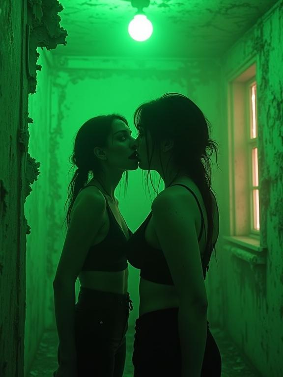A cinematic scene depicts two gothic girls in intense emotion. They stand close in a decaying room illuminated by toxic green light. The atmosphere is surreal with shadows and reflections in distorted mirrors. Their expressions convey duality: one laughing, one weeping. The setting has a dystopian city outside. The image features details like sweat, dust, and rust. The style combines elements of cyberpunk and horror.