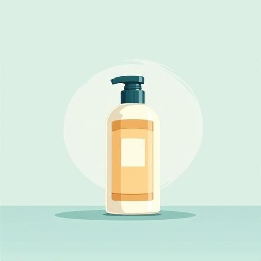 Vector illustration of a shampoo bottle. Bottle is centered on a clean surface. Characterized by modern minimalist design with no outlines or shadows. Solid colors used for visual clarity. Background is a contrasting shade for emphasis.