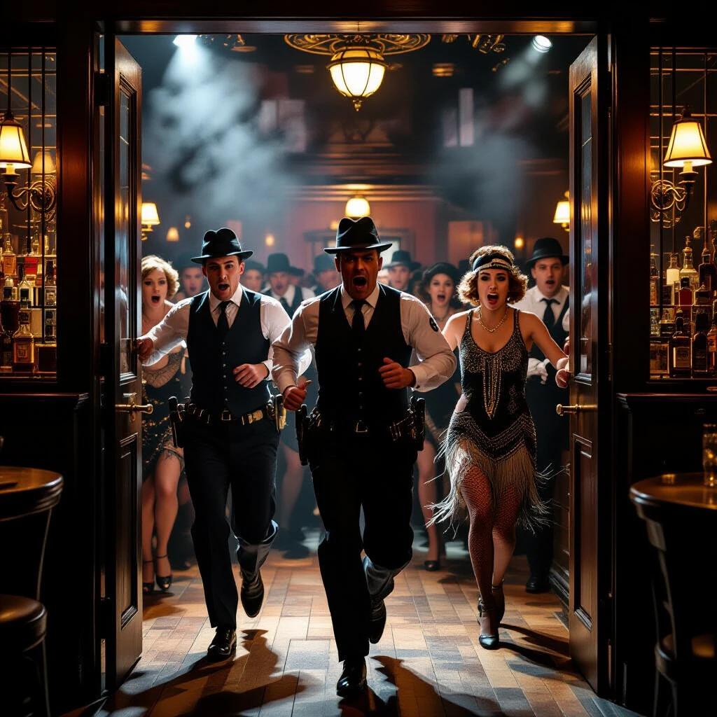 Dramatic scene captures chaos at a speakeasy. Police officers burst through the entrance while patrons scramble. Flappers scream. Bartenders hide liquor. Set in the 1920s.