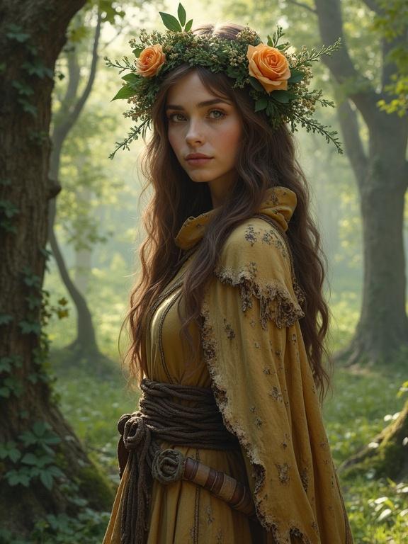 Digital painting features a female druid in a forest. She has a flower head wreath and wears clothes resembling tree bark. The texture of wood grains is visible on her attire. She gazes into the camera, creating a connection with viewers in a baroque and dreamy style.