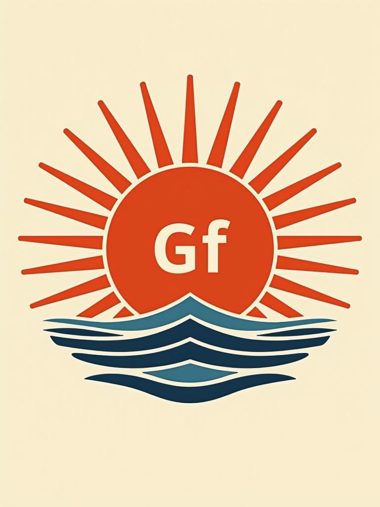 Create a simple logo with GF. Make it graphic style without background. Include rays like rising sun behind. Use red for sun and navy for waves.