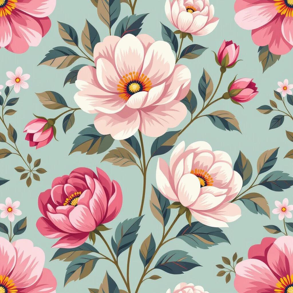 Vibrant graphic design features oversized blossoms and delicate flowers. High-contrast colors with clean lines. Fresh spring palette with pastel backgrounds. Includes geometric elements and artistic brushstrokes. Balance nostalgia and futurism with layered transparency. Playful effect in oil painting style.