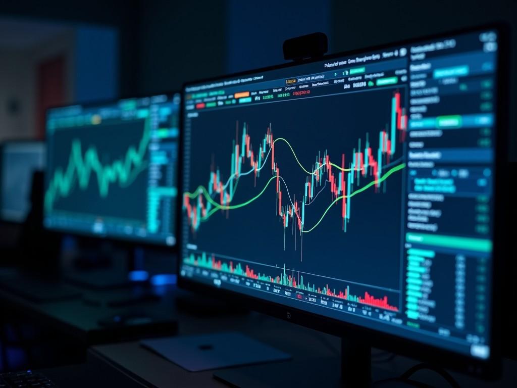 This image displays a close-up view of computer monitors showing stock market data. The screens exhibit various trading charts and graphs with figures represented in vibrant colors like green, red, and white. The environment is dimly lit, highlighting the glowing screens. This setup suggests a tech-savvy approach to finance and investment strategies. It gives an impression of an analytical and professional atmosphere used for trading or researching financial data.