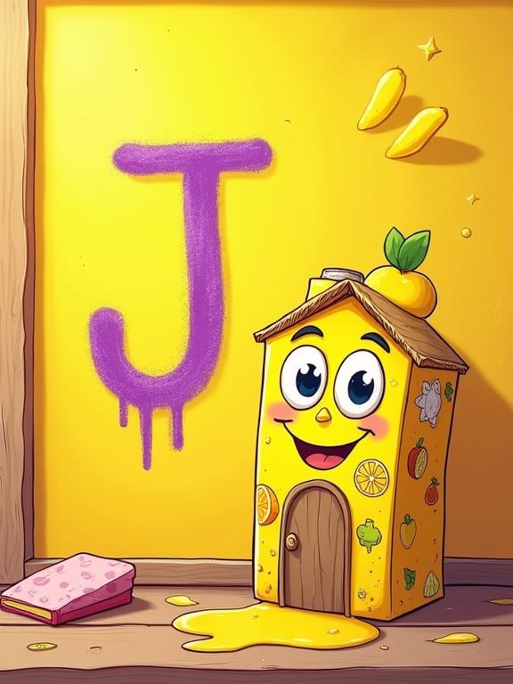 Vibrant cartoon illustration of a sunny yellow chalkboard. Playful letter 'J' drawn in purple chalk. Juice-stained smile with big eyes. Whimsical juice-box house with a straw roof. Folded-tab door with a happy face. Chalk-drawn fruit stickers on the house. Puddle of spilled juice as a wavy chalk line. Wooden chalkboard frame with doodled lemons. Bold colors and hand-drawn textures. Glossy highlights on the juice box. Floating fruit-shaped chalk blobs.