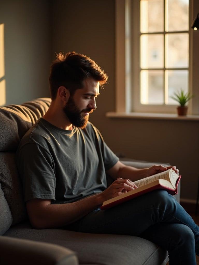 A man sits comfortably on a sofa at home. He is deeply engaged in reading a book. The soft warm light from the window bathes the room, creating a cozy atmosphere. A small plant is visible on the window sill. His attire is casual and relaxed. The image captures the serene moment of enjoying literature.