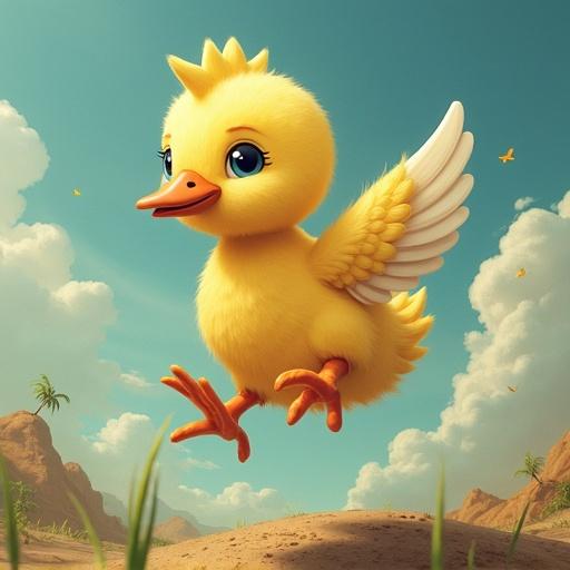 Illustration of a cheerful cartoon duckling with wings outstretched against a blue sky and mountains
