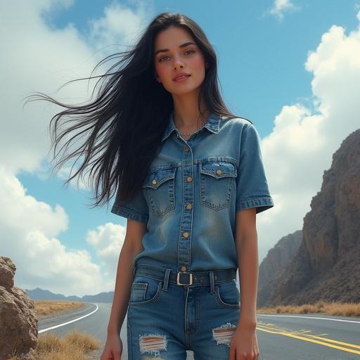 Digital painting of teenage girl with long black hair in wind wearing ripped jeans and unisex t-shirt. She has a serene smile in a full body pose. Background features a floating asphalt road curving through clouds with a rocky structure beneath.