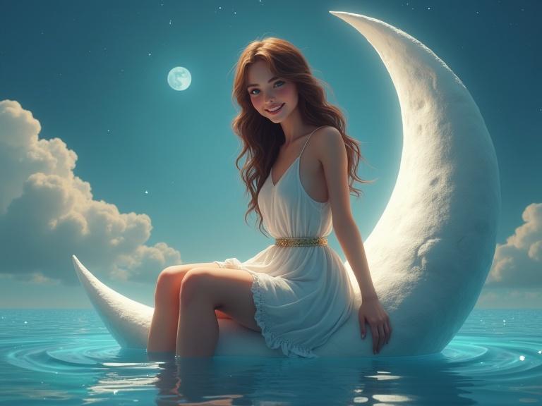 Hyperrealistic photograph of a happy young lady looking 3/4 on a half moon in the water with soft pastel colors. Appropriate lighting gives a dreamy feel. Young lady has long hair and wears a white dress. Half moon is detailed with water surrounding it. Background includes clouds and a soft blue night sky.