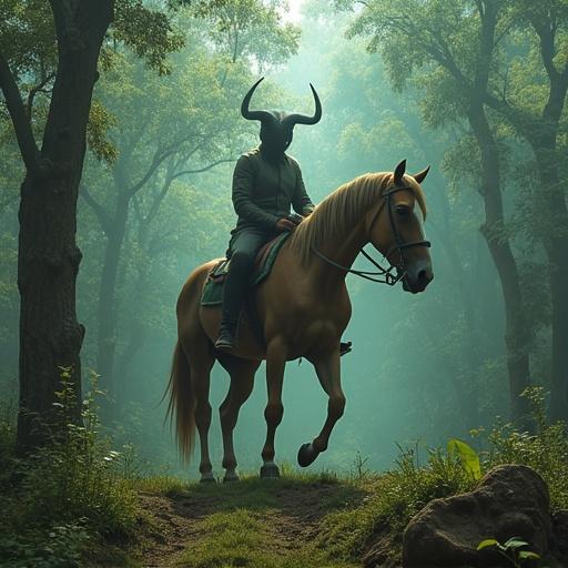 Cavalo com um zumbi montado na floresta escura com elementos de horror e fantasia.