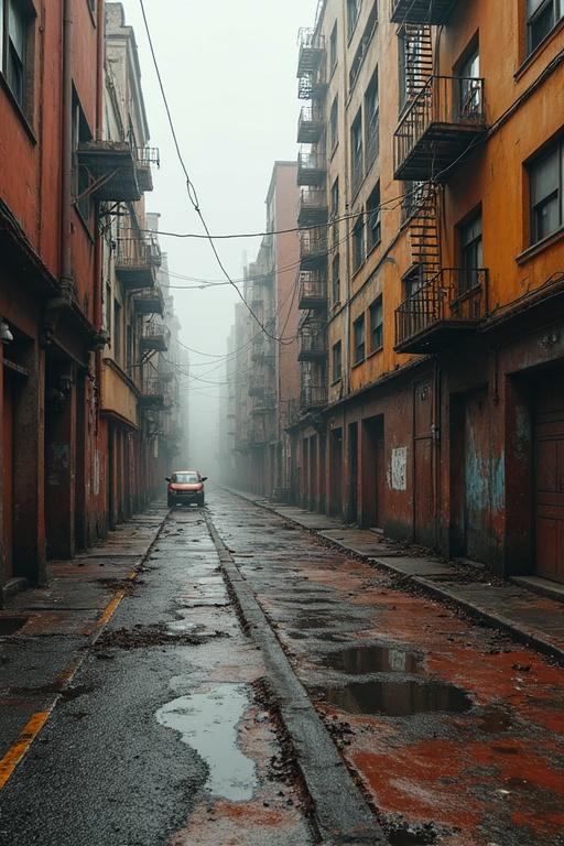 abandoned street in a foggy city setting. weathered buildings with rust colors. solitary car on worn road.