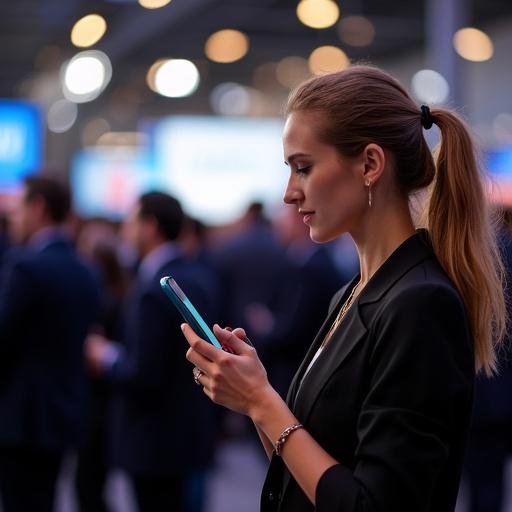 Realistic photo captures a woman using an iPhone at a professional event amidst a crowd. The setting features a blurred background indicating a large gathering of professionals. The focus is on the woman's keen engagement with her device.