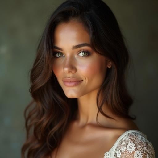 Photo features a Colombian woman with soft green eyes and a charming smile. She wears a short lace dress. The image composition reflects elegance and charm.