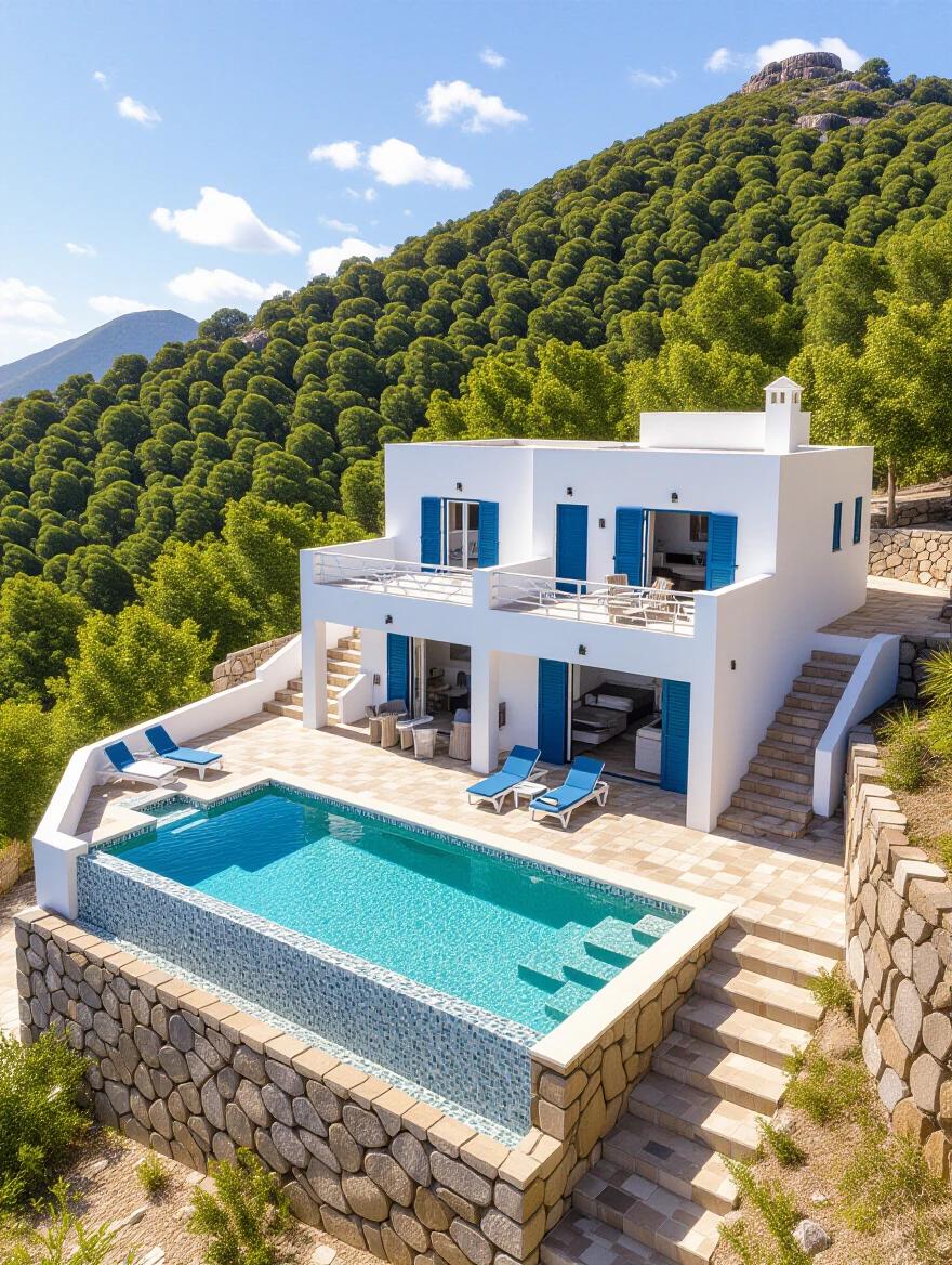 Small house made of stone on a hill on a sandy island, painted white and blue, at the beach with white sand, tropical setting. Pool view from a diagonal top angle.
