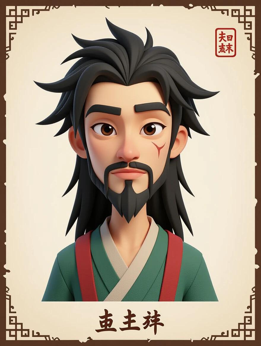 3D cartoon character in a Chinese style. Full body portrait with a frontal shot. Features long hair and a male appearance. Character appears to be in his early twenties.