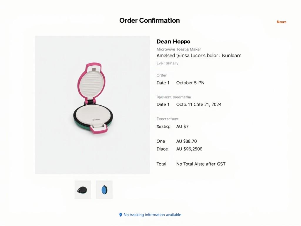 This image shows an order confirmation page for a product. The item is a microwave toastie maker available in multiple colors including pink, black, green, and blue. The order was posted on October 17, and the buyer paid on October 1. The buyer's name is Dean Hoppo, and the delivery is expected between October 11 and October 21, 2024. The order includes details like the quantity being one, the item price being AU $17, and a total order cost of AU $18.70 after GST. There is no tracking information available yet.