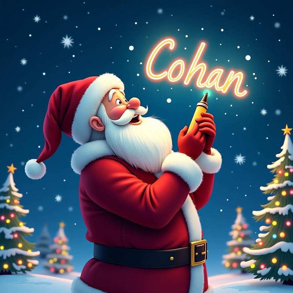 This image features a beautiful Christmas theme with Santa Claus engaged in a whimsical activity. He is joyfully writing the name 'Cohan' in the sky using a colorful glow pen. The atmosphere is festive, with sparkling snowflakes falling around and twinkling Christmas trees in the background. Santa is dressed in his traditional red suit and white beard, looking up with delight at his creative work. The colorful glow of the name adds a magical touch to the winter night scene. This illustration captures the essence of holiday cheer and personal touch during the Christmas season.