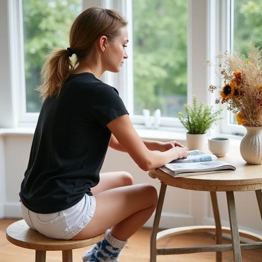 A woman with light brown or auburn hair tied in a low ponytail sits on a round wooden stool next to a light-colored wooden table. She wears a black T-shirt and white frayed denim shorts. Blue and white tie-dyed socks are on her feet. An open magazine or book is on the table with a white ceramic cup. A small potted plant and a bouquet of dried flowers are also present. The scene is in a sunroom with large windows and wooden floors.