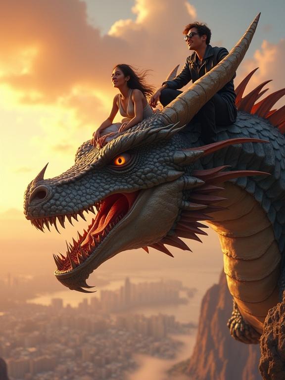 A digital painting of a dragon soaring in a sunset sky with glistening scales. The dragon's head is detailed, featuring sharp teeth and amber eyes. Two figures rest on its neck: a man in a black leather jacket and aviator sunglasses, and a woman with栗-colored hair. Below, a cityscape fades into misty mountains with soft orange and pink tones. The atmosphere is epic with flowing clouds and lens flares.