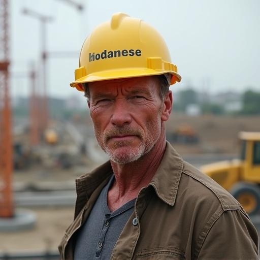 Photo of a man at a construction site wearing a yellow hard hat with the word bodanese