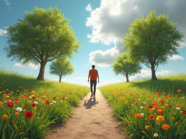 Person walks along a path with flowers and healthy trees on one side, gray clouds and fatigue on the other. Represents nutritional choices. Split visuals showing the contrast between health and fatigue.