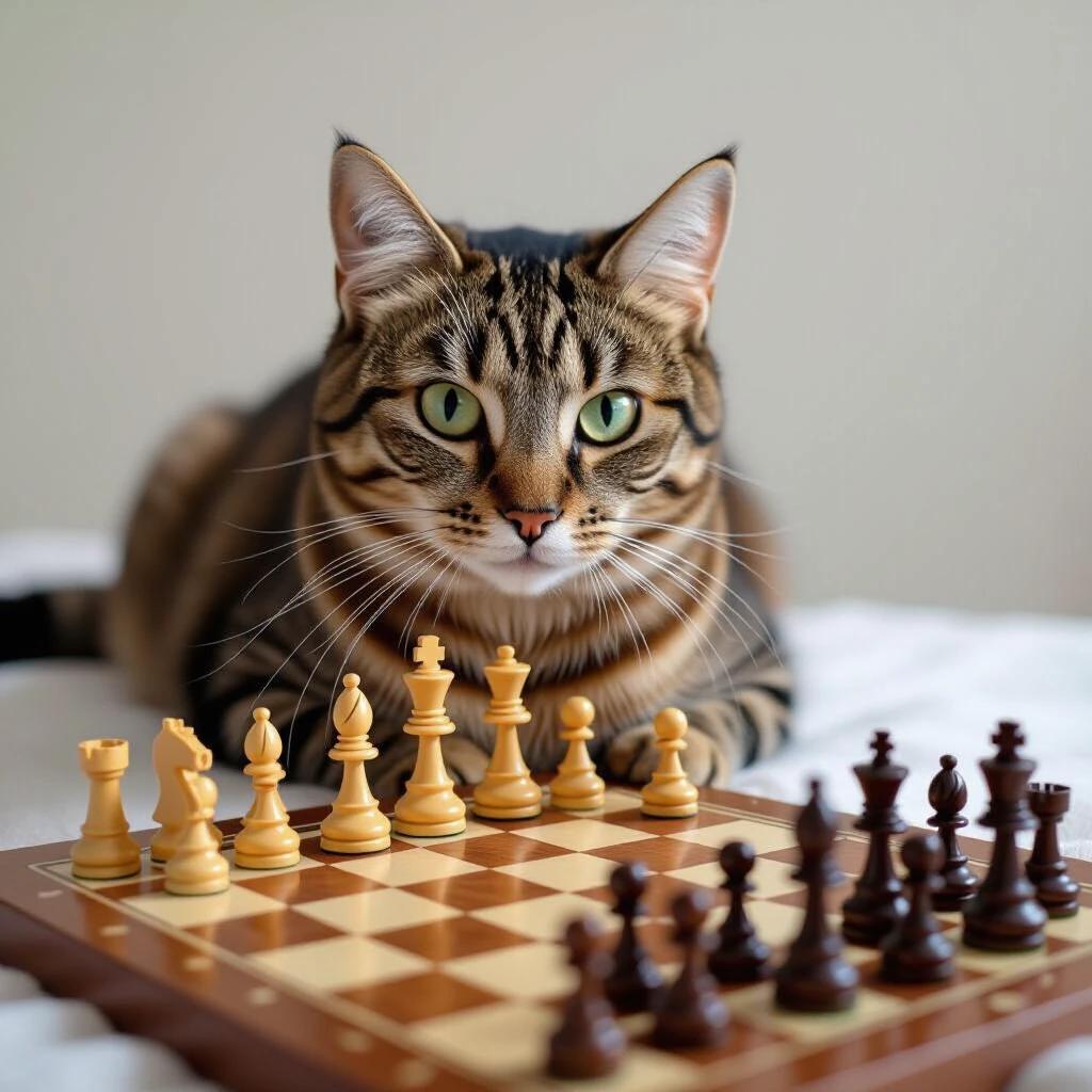 A friendly cat playing a game of chess. The cat has striking green eyes. A chessboard is set up in front of the cat. The atmosphere is calm and focused.
