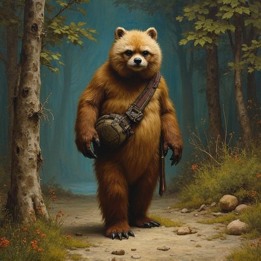 A bear-like character resembling an Ewok standing in a forest. The character has a satchel and stands on a path. The background features trees and ambient lighting.