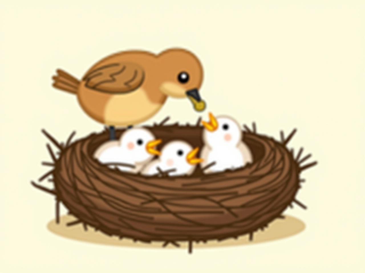 A cartoon-style illustration depicting a bird feeding its chicks in a nest. The nest is made of twigs and is round in shape, resting comfortably on a light background. The adult bird is brown with a rounded body and is leaning forward, holding food in its beak. The three chicks, which are smaller and have a white appearance, are eagerly looking up with their beaks open, waiting to be fed. The scene captures a nurturing moment in nature, highlighting the bond between the parent bird and its young.