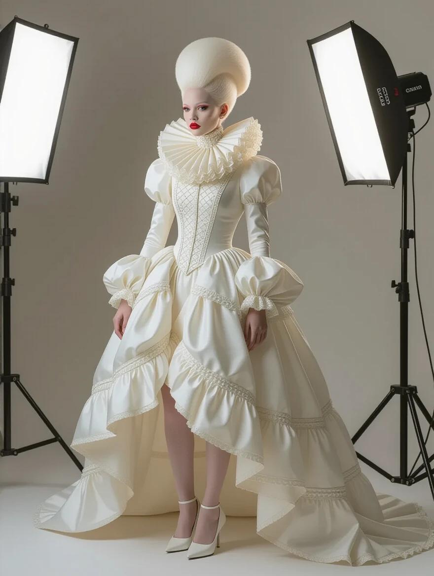Albino alien female model with pale skin. Dressed in haute couture dress inspired by 17th-century Dutch fashion. Dress features a ruff and white heels. Set in a photo studio with softbox lighting. Ultra-realistic image taken with a Fujifilm X-H2 and 75mm Viltrox lens.
