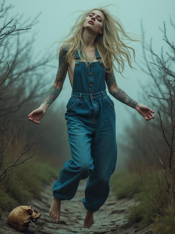 A Scottish woman with tattoos in an oversized denim jumpsuit floats in the air. Long blond dreadlocks flutter upwards. Captivating expression with eyes closed and mouth open slightly. Surrounded by dry thorns and cracked earth. An old skull lies nearby. Fog surrounds the scene.
