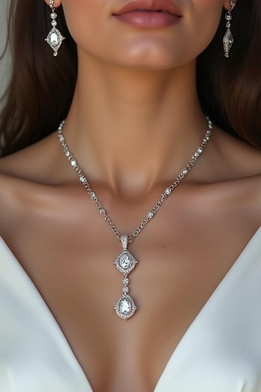 Elegant model wearing a stunning diamond pendant and earrings. Model dressed in a white gown. Focus on the jewelry with the model's face visible. Aim for multiple angles of the jewelry.