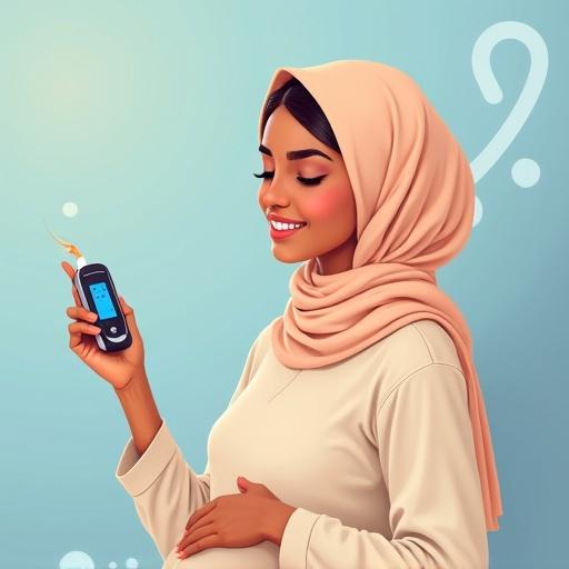 Digital illustration featuring a young pregnant woman holding a blood glucose meter. Woman has Middle Eastern features with warm brown skin. She smiles gently in modest pastel clothing and hijab. Background has a soft gradient in blue or gold with abstract medical elements. The illustration promotes health awareness and reassurance.