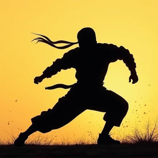 Ninja silhouette in an action pose during sunset. Strong dramatic colors capture movement and energy.