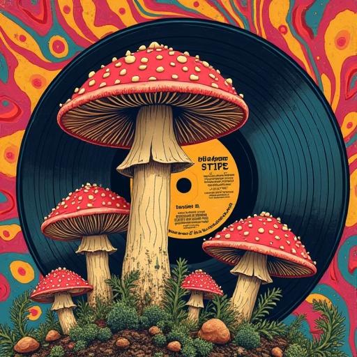 Record album cover featuring mushrooms with bright swirly colors. Band name 'Isle of Stipe' on the vinyl.