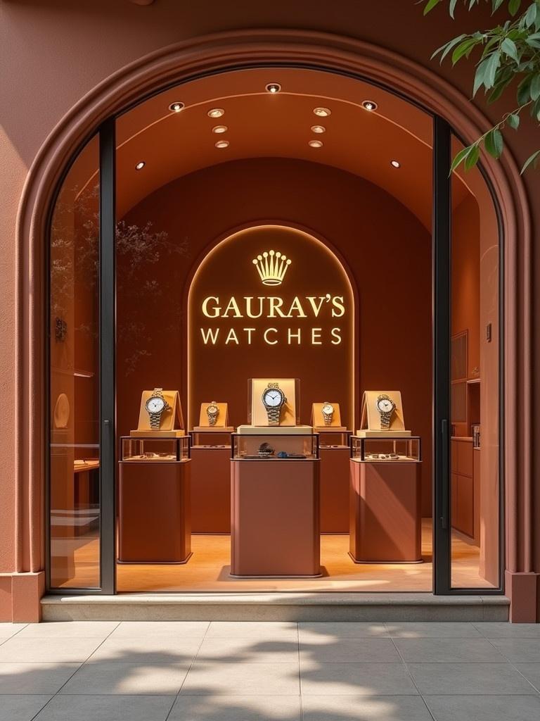 Modern storefront for luxury watches. Store has elegant arches and glass panels. Color scheme is terracotta and warm. Various luxury watches displayed on podiums. Illuminated sign reads 'Gaurav's Watches'. Well-lit with natural daylight.