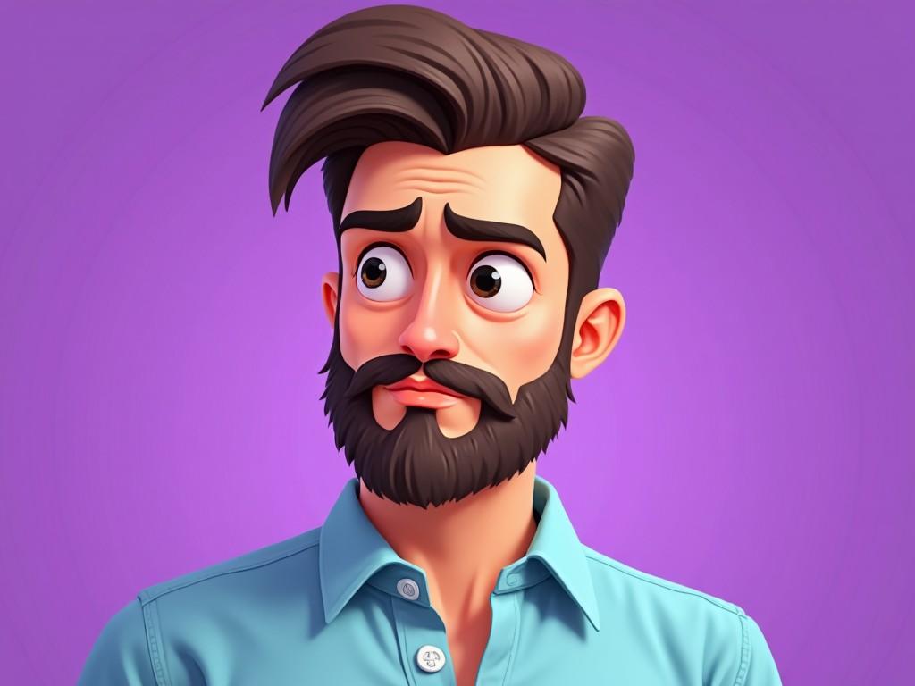 A digitally created cartoon character with a serious expression. The character is male, with a stylish beard and neatly combed hair. He is wearing a light blue shirt and is looking slightly upwards. The background is a vivid purple, giving a modern and quirky feel to the image. The illustration style is clean and smooth, typical of contemporary digital artwork.