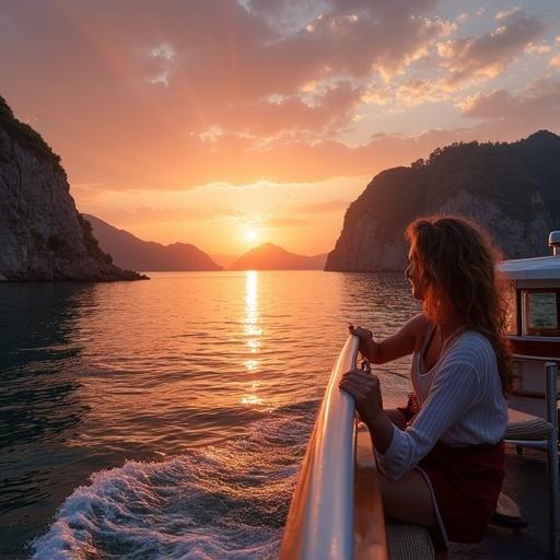 The sun sets while a cruise slowly passes in front of Roca Lorelei. The sky is painted with pink, gold, and orange hues, reflecting on the water. A woman on the deck contemplates the landscape with a serene and amazed expression.