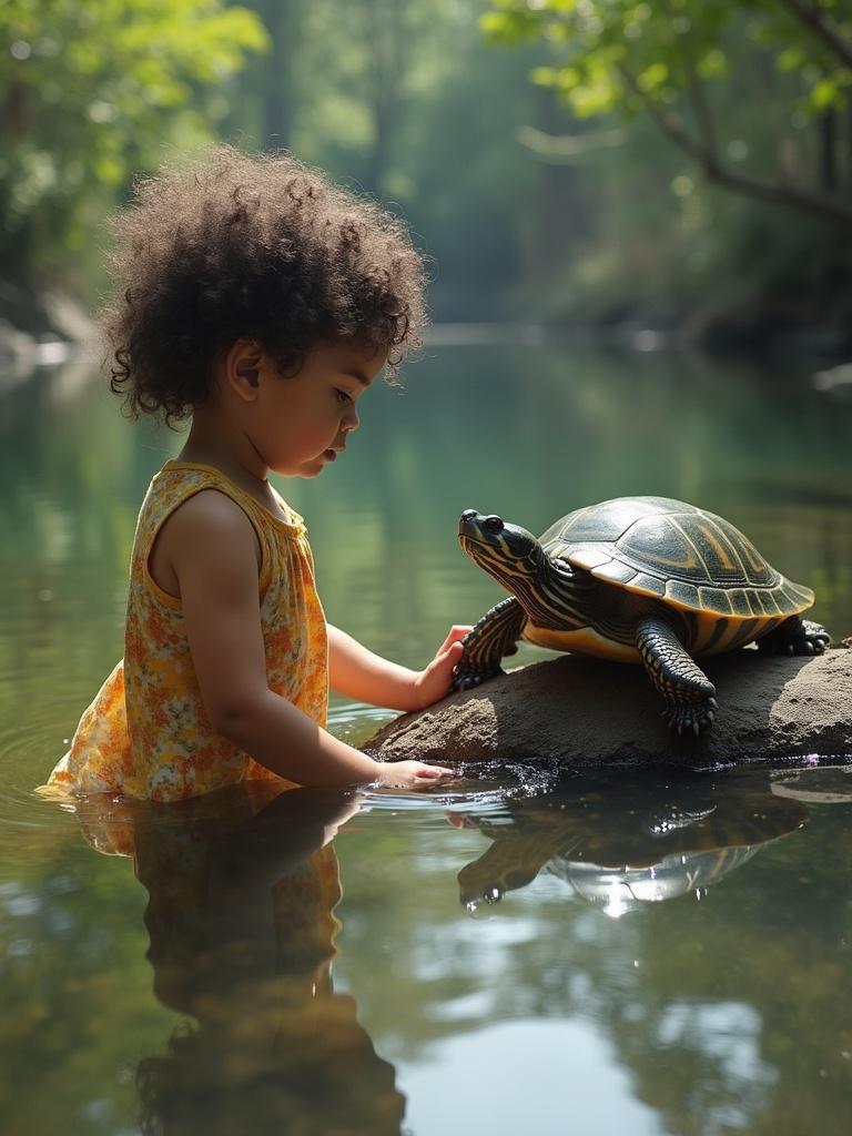 A child interacts with a turtle in a creek. The scene captures a playful moment. The child wears a yellow floral dress. The turtle rests on a rock in the water. The environment is lush and green with reflection in the water.