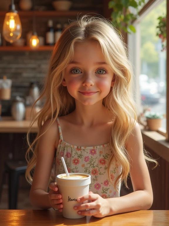 A beautiful young girl is sitting at a coffee shop. She wears a floral mini sundress. She has long blonde hair. The atmosphere is cozy and welcoming. She holds a coffee cup. Natural light fills the shop.