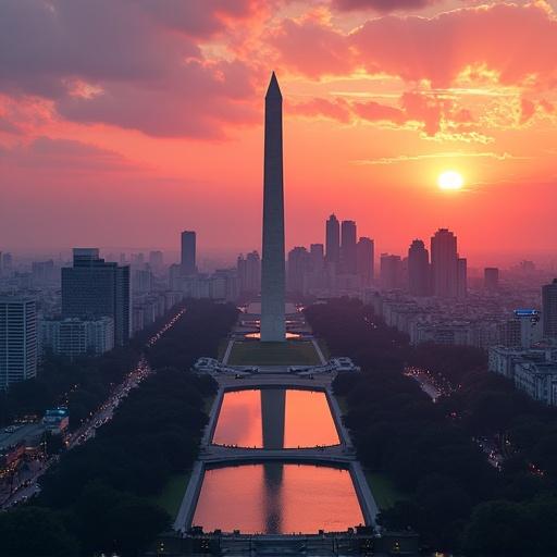 Futuristic skyline view of cyberpunk Washington DC during sunset. Features tall buildings, a prominent obelisk, vibrant sky, and a reflective body of water.