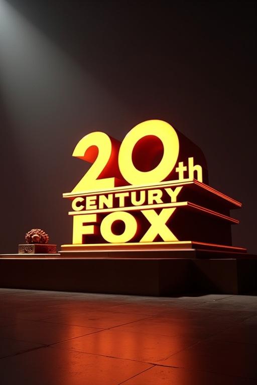 Stylized logo of 20th Century Fox with modified text. Dramatic lighting enhances the scene.