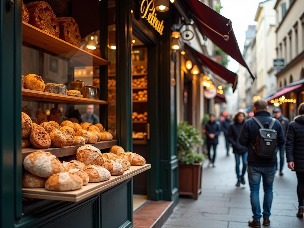 A cozy bakery on a bustling street with people walking by, showcasing freshly baked bread.