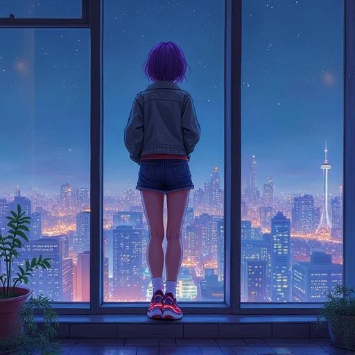 Watercolor painting showing a young woman with short violet hair. She has a slim muscular body. Wears a crop cargo jacket and sport shorts. High platform sneakers with glowing LED stripes and knee socks. She stands with crossed legs and arms behind her back. Gracefully leans on a wall-sized window with a high floor view of a night city. Dim cinematic light. Looking at the camera. Style of Yuumei.