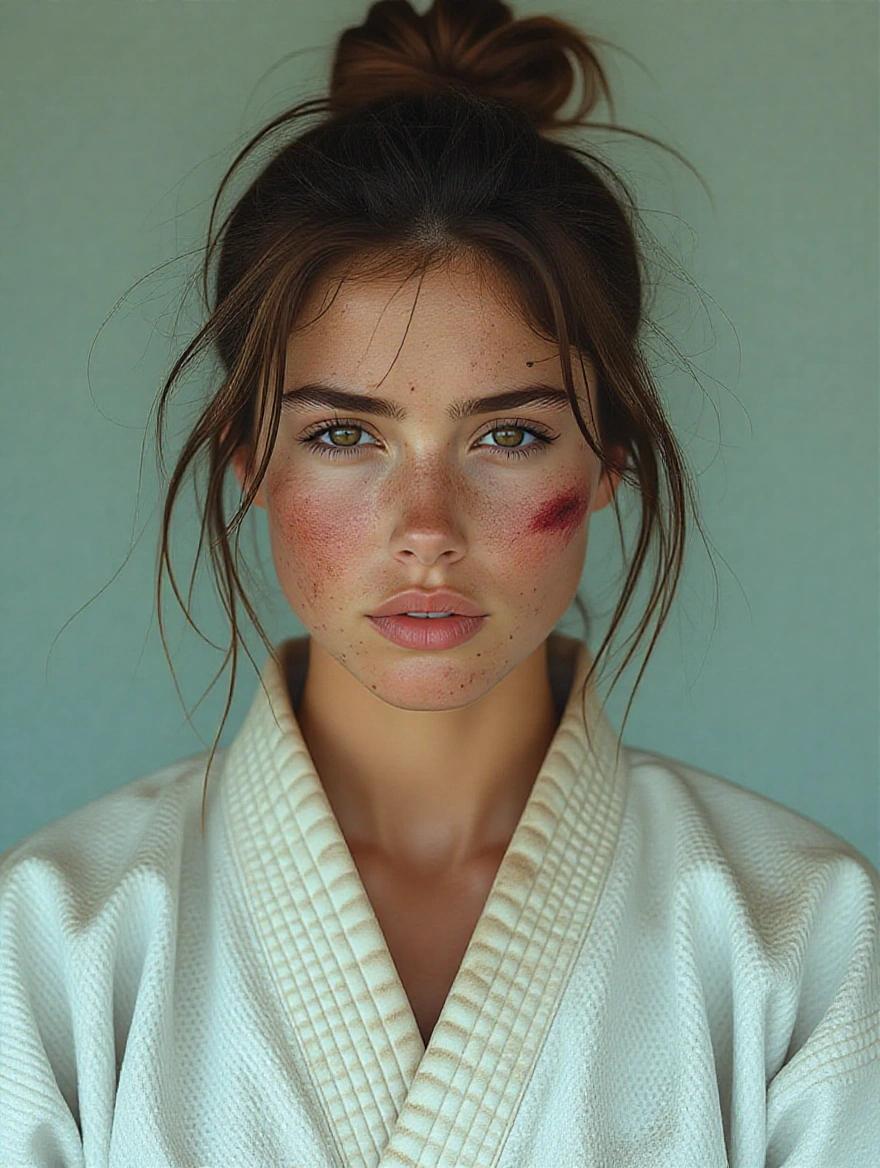 young athletic woman in an extremely worn karate gi, dirty smudges on her face, untidy hair, sweat, bruises on face, full body image