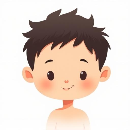 Illustration of a young boy's head in cartoon style. Boy has spiky dark brown hair. Peach-colored face. Round head with large rounded ears. Face has no features. Minimalistic style suited for children. Background is plain white.