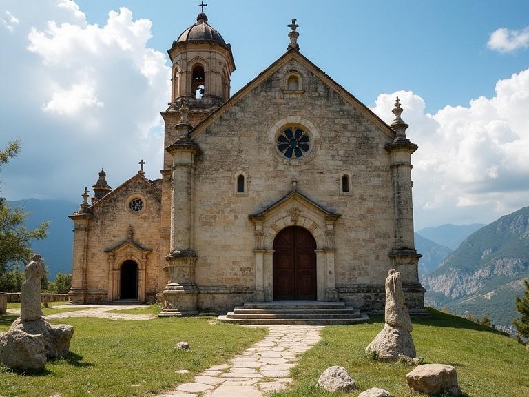 Modesta iglesia de piedra en la campiña gallega del siglo XI. Edificio con campanario. Paisaje montañoso de fondo. Camino de piedras en primer plano. Cielo parcialmente nublado.