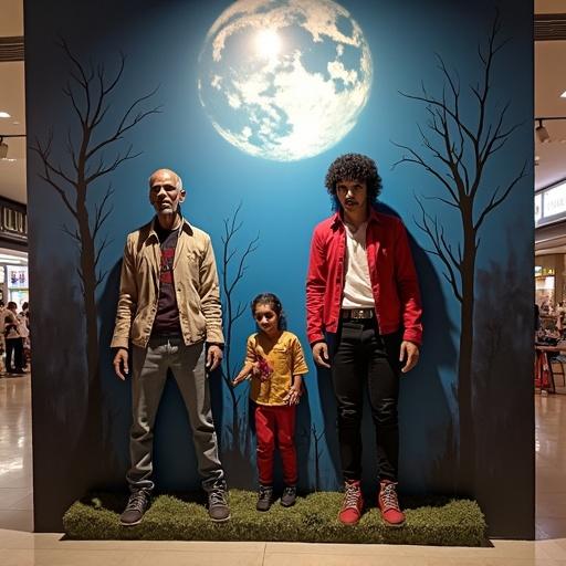 A decorative setup in a shopping mall featuring a background with an illustration of a cemetery. In front of it, two figures representing Michael Jackson from Thriller and two figures of zombies. Ideal for photos.